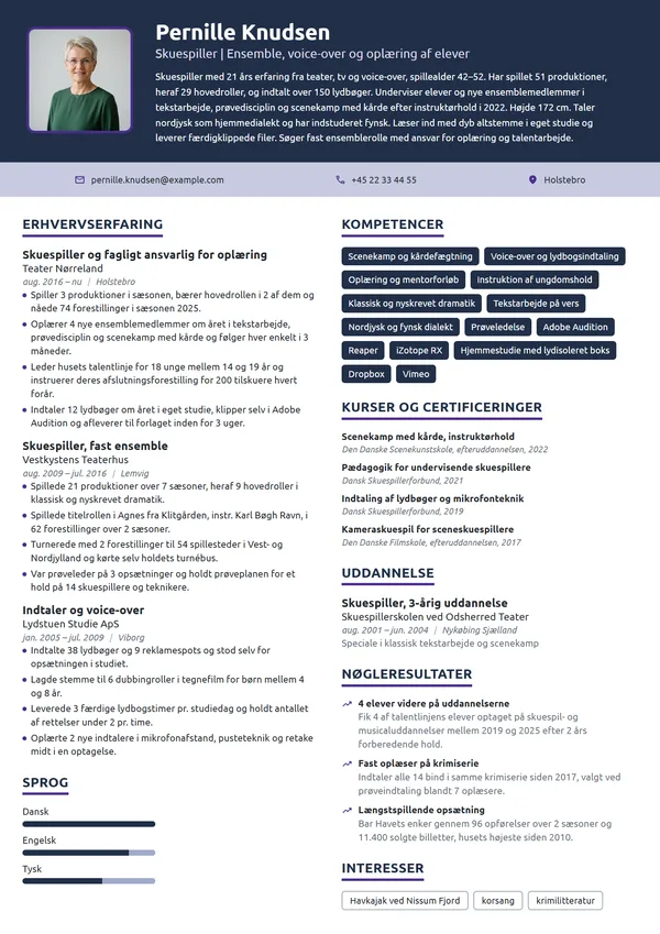 CV-eksempel til skuespiller med undervisningsansvar