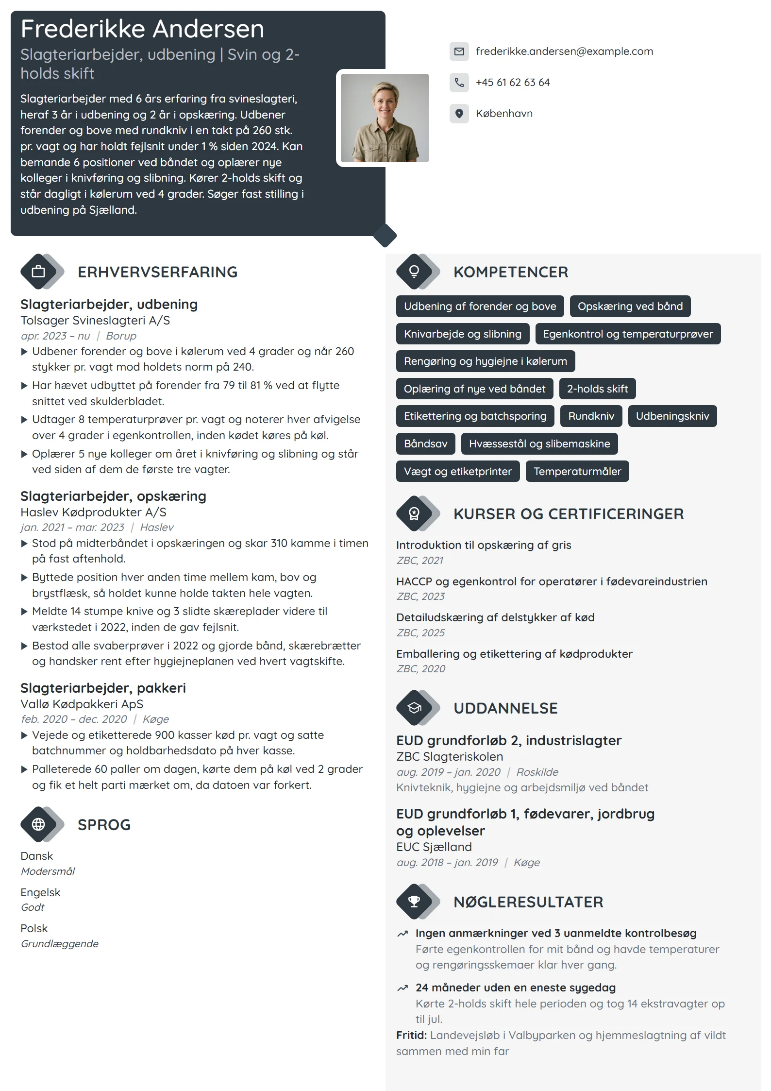CV-eksempel til erfaren slagteriarbejder i udbening