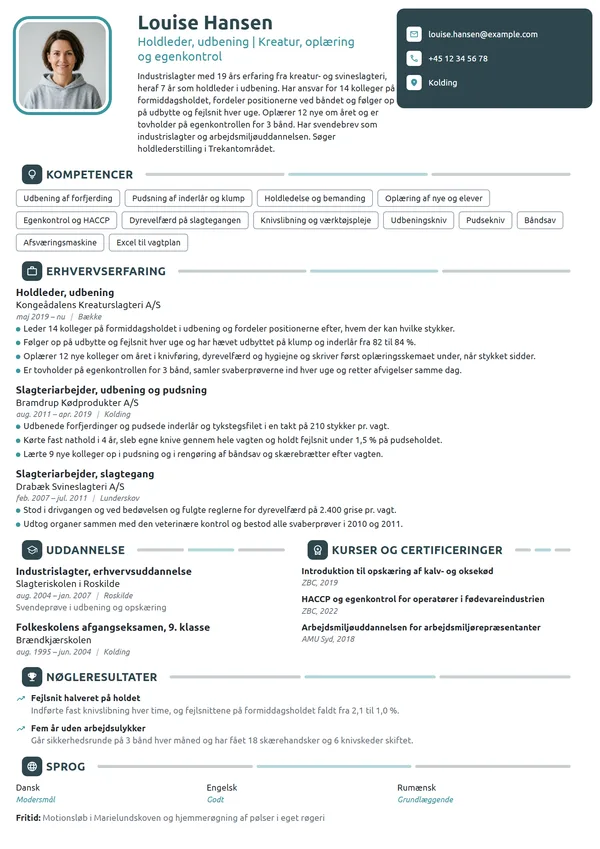 CV-eksempel til holdleder i udbening på kreaturslagteri