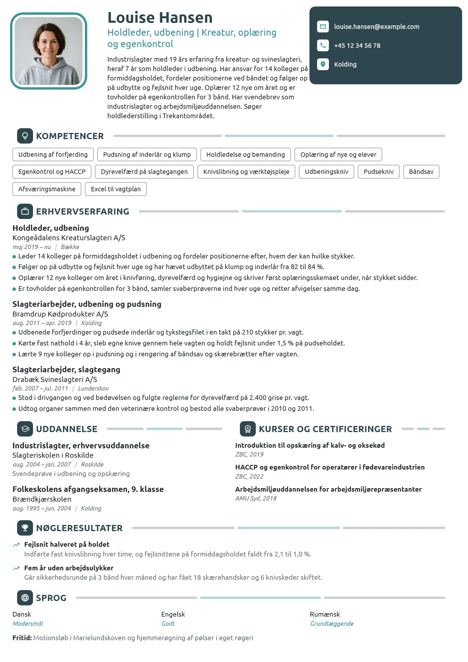 CV-eksempel til holdleder i udbening på kreaturslagteri