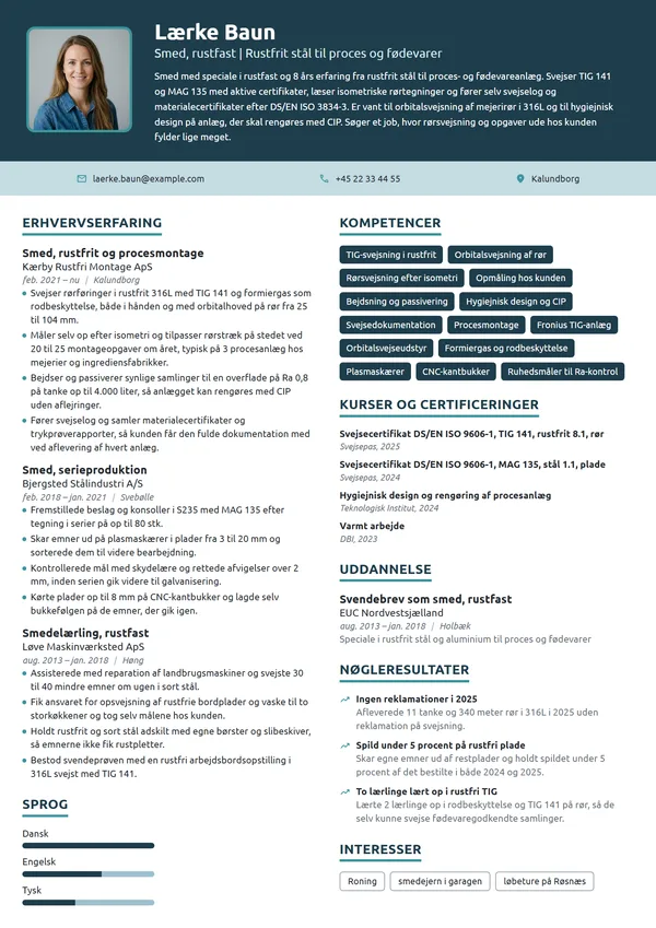 CV-eksempel til erfaren smed i rustfrit stål