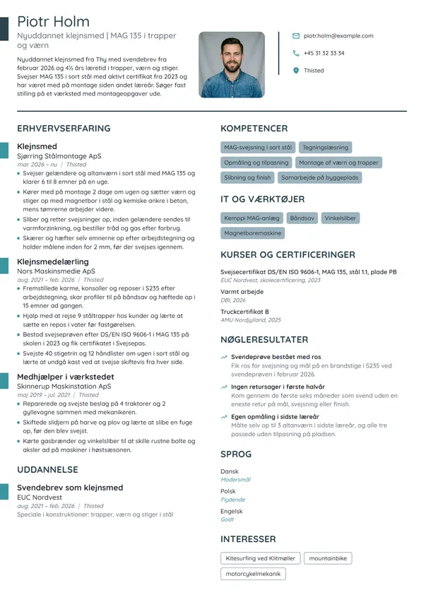 CV-eksempel til nyuddannet klejnsmed