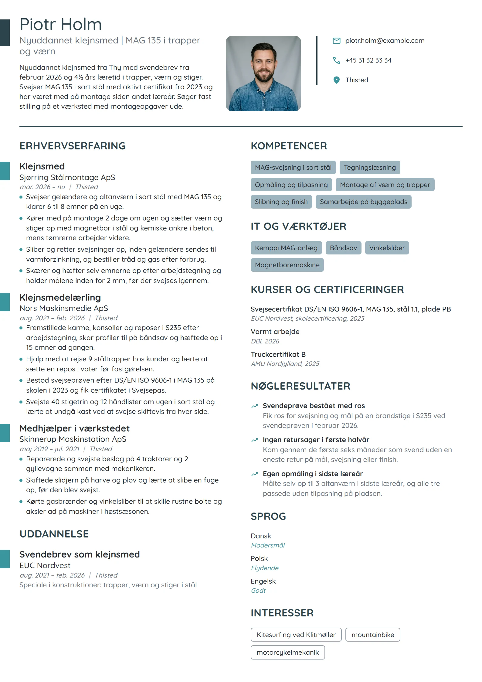 CV-eksempel til nyuddannet klejnsmed