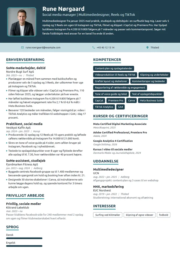 CV-eksempel til nyuddannet multimediedesigner til SoMe