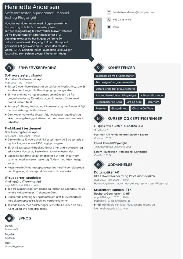 CV-eksempel til nyuddannet tester med praktik