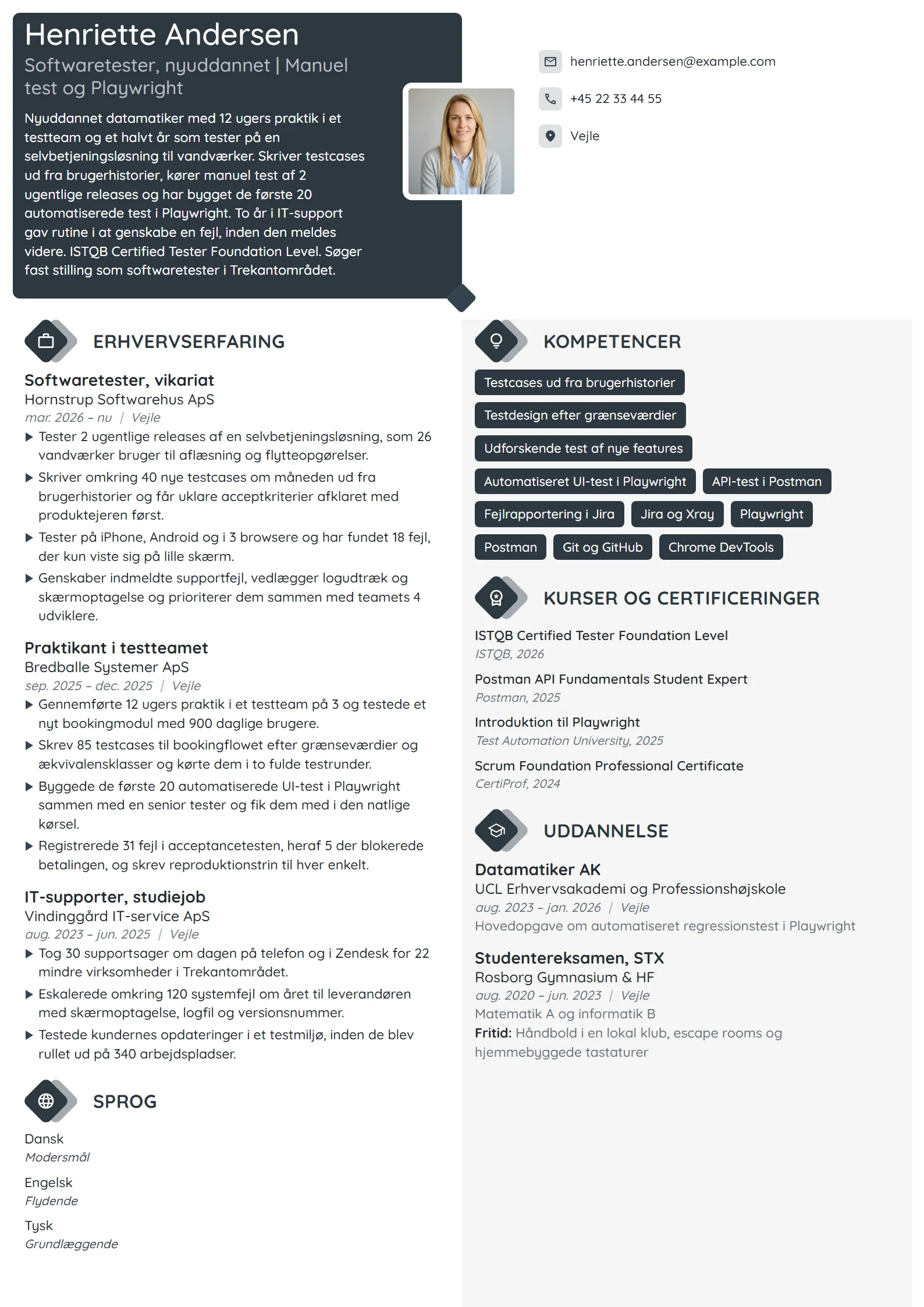CV-eksempel til nyuddannet tester med praktik