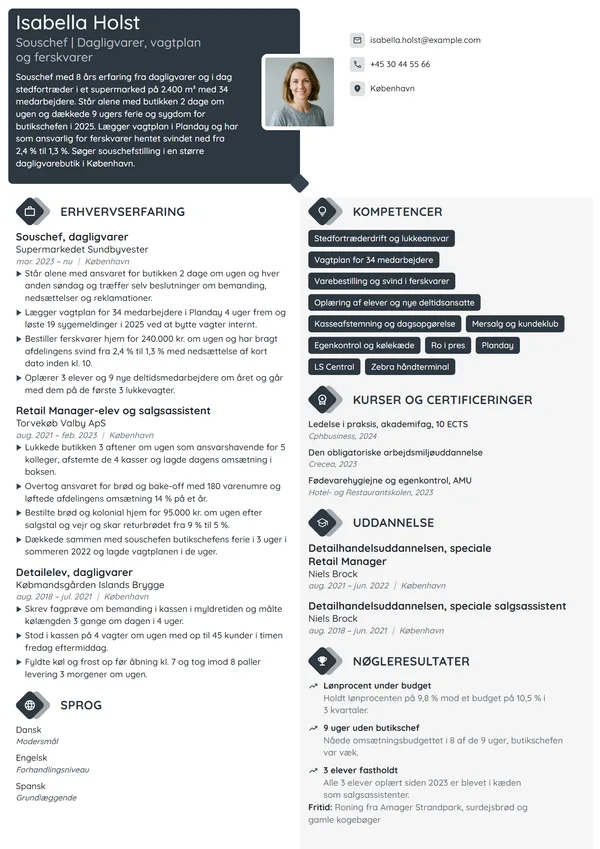 CV-eksempel til souschef i supermarked med 34 ansatte