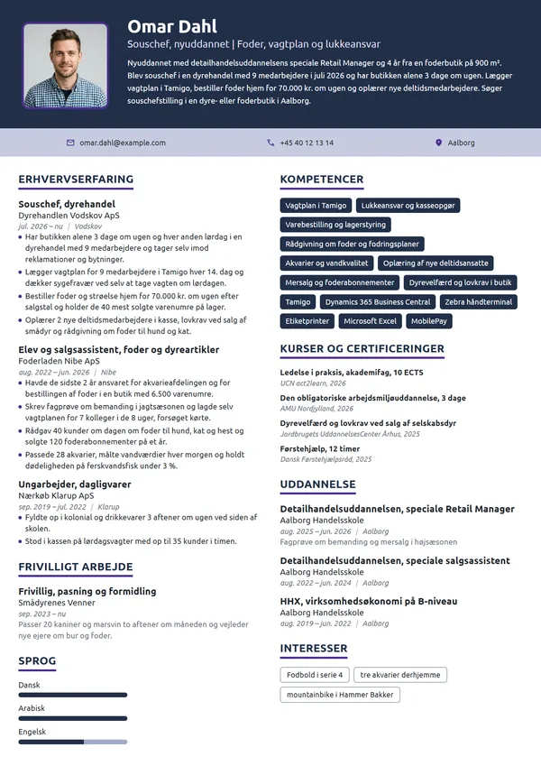 CV-eksempel til nyuddannet souschef i dyrehandel