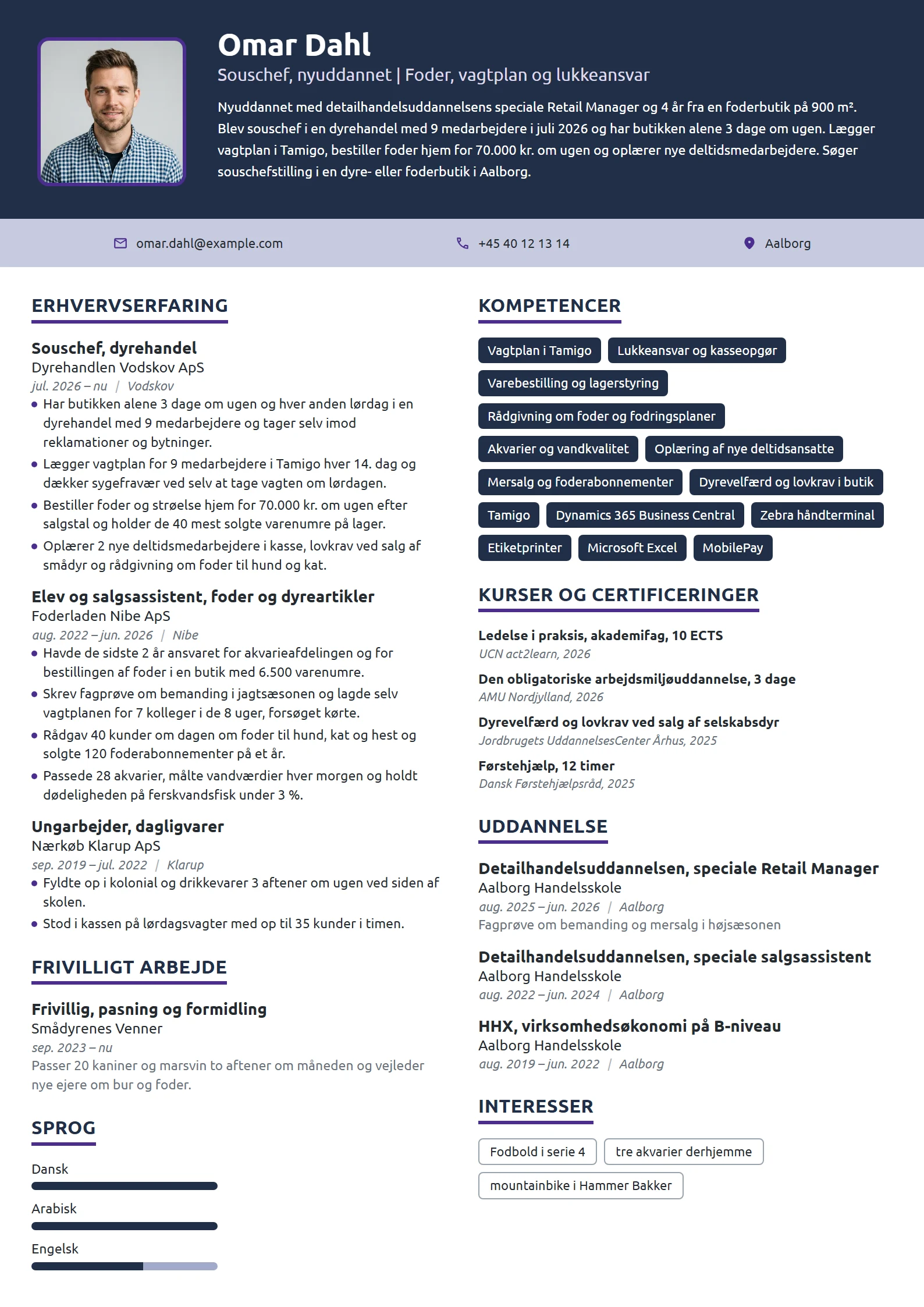 CV-eksempel til nyuddannet souschef i dyrehandel