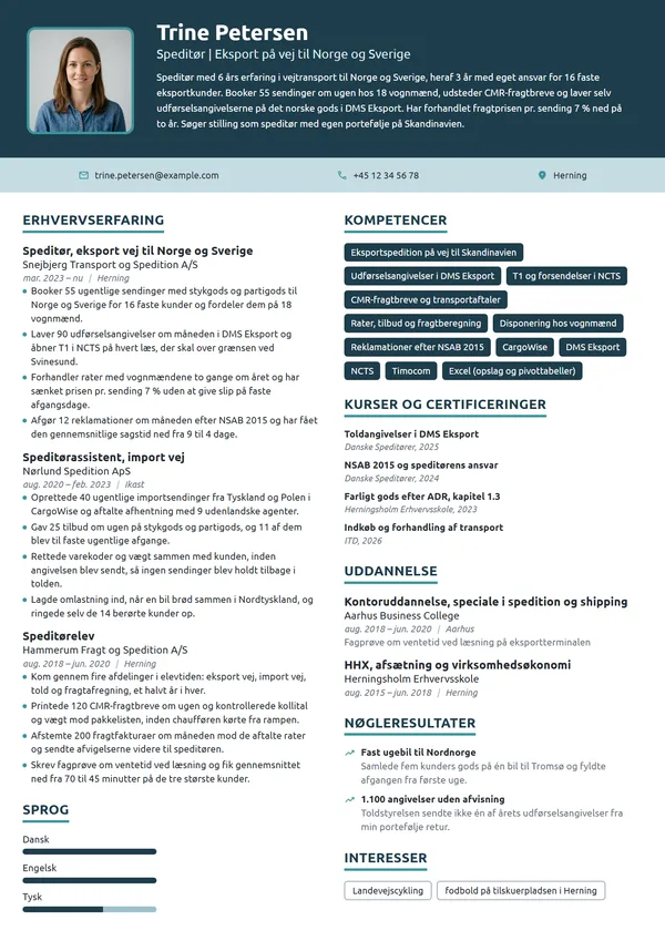 CV-eksempel til erfaren speditør, eksport på vej