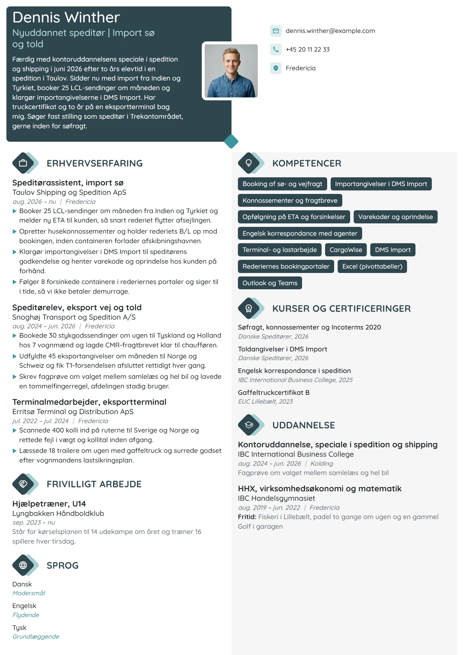 CV-eksempel til nyuddannet speditør efter elevtid