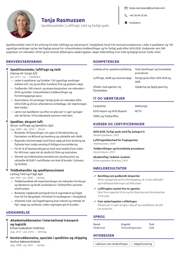 CV-eksempel til speditionsleder, luftfragt og told