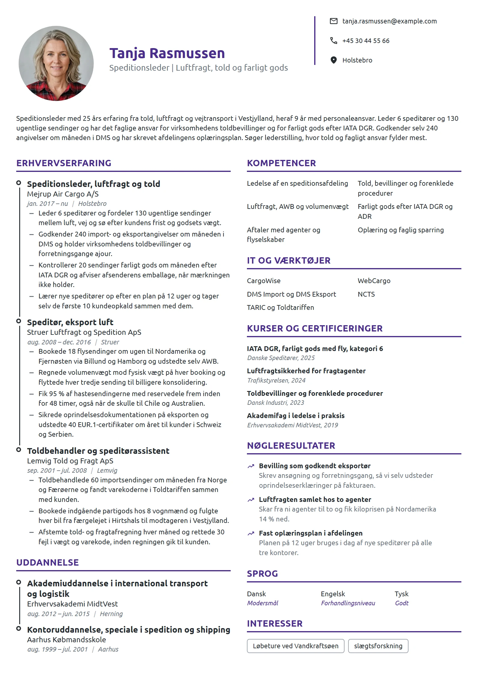 CV-eksempel til speditionsleder, luftfragt og told