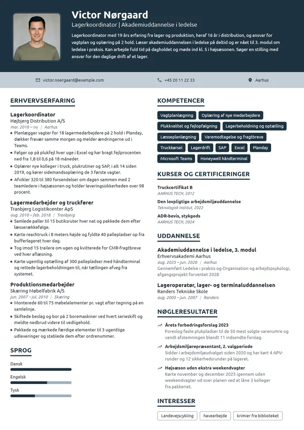 CV-eksempel til lagerkoordinator på akademiuddannelse