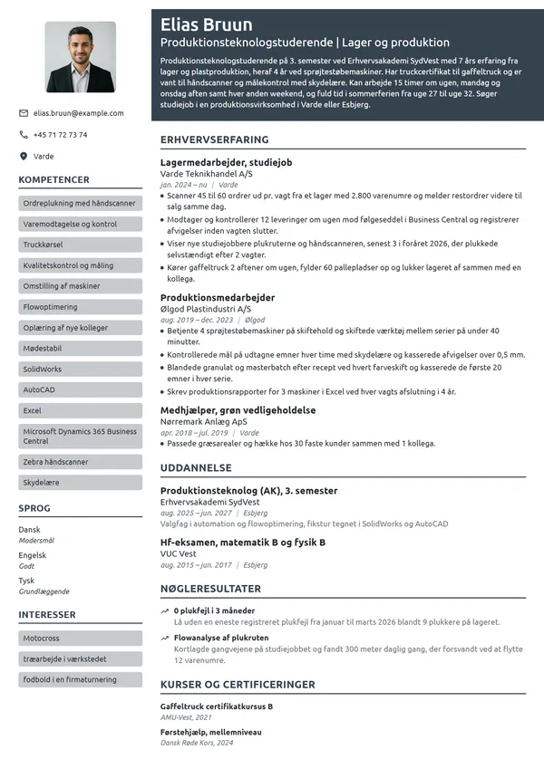 CV-eksempel til produktionsteknolog med lagererfaring
