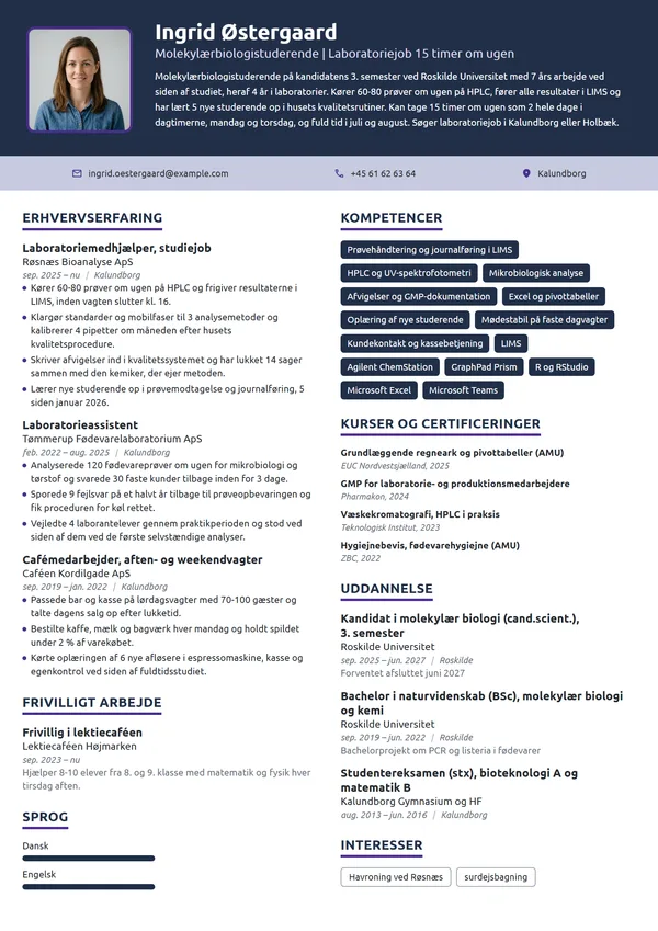 CV-eksempel til kandidatstuderende med laboratoriejob