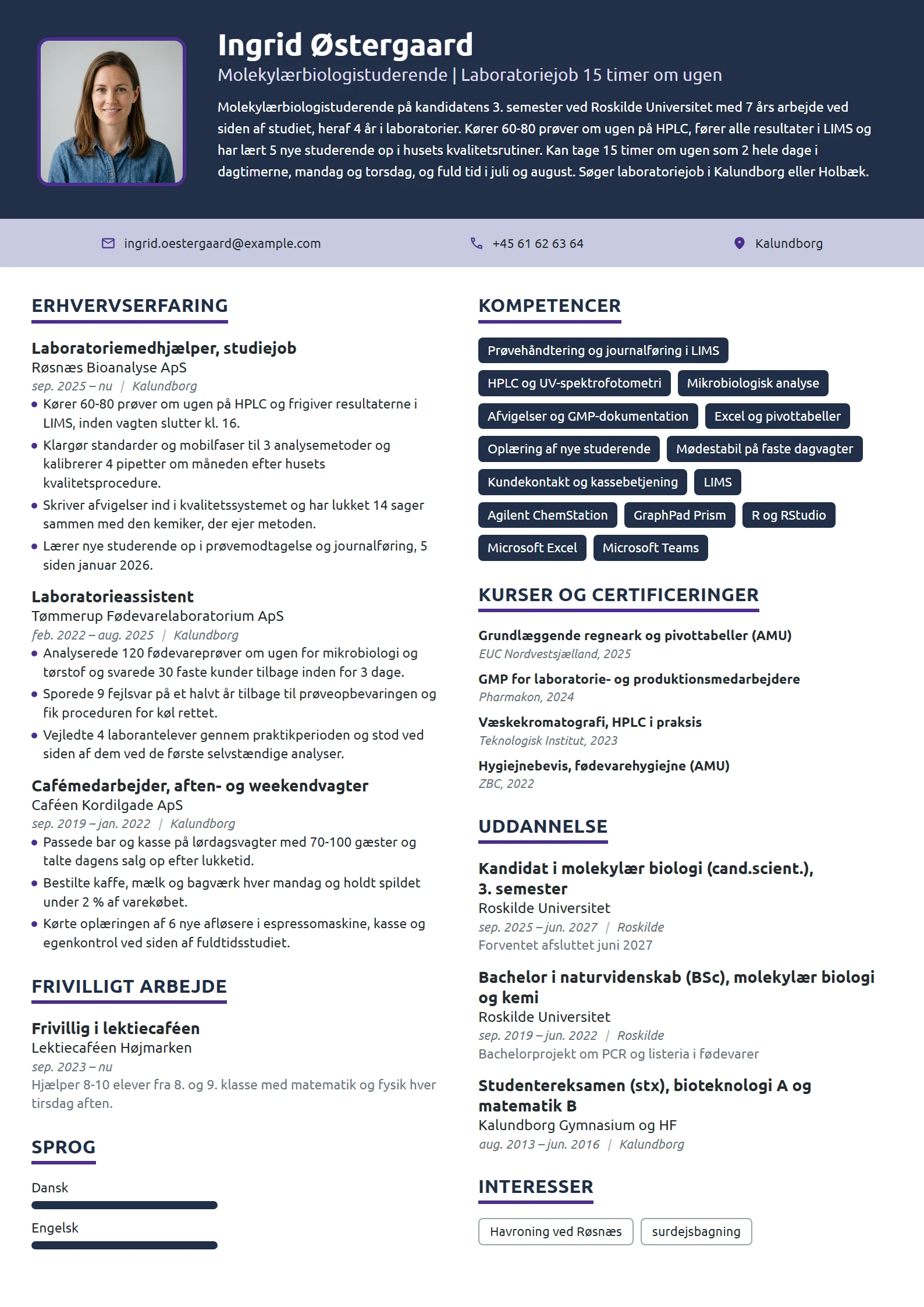 CV-eksempel til kandidatstuderende med laboratoriejob