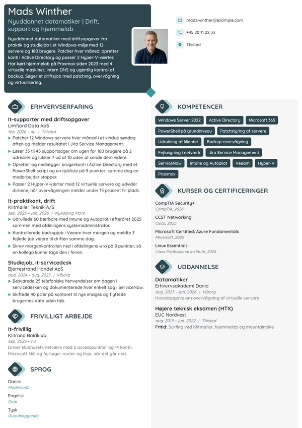 CV-eksempel til nyuddannet datamatiker med hjemmelab