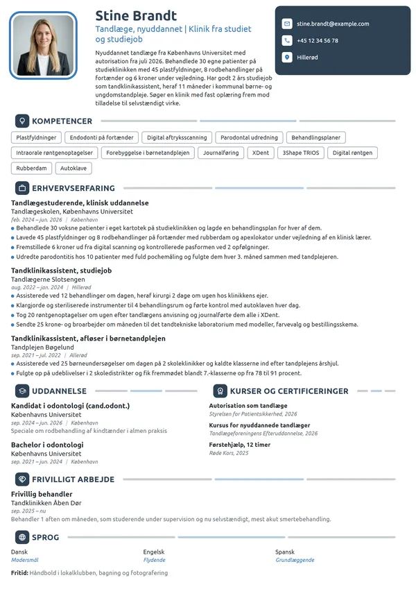 CV-eksempel til nyuddannet tandlæge, klinik fra studiet
