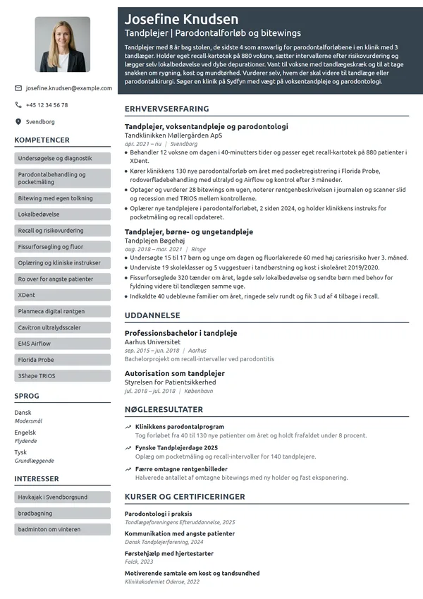 CV-eksempel til erfaren tandplejer i privat praksis