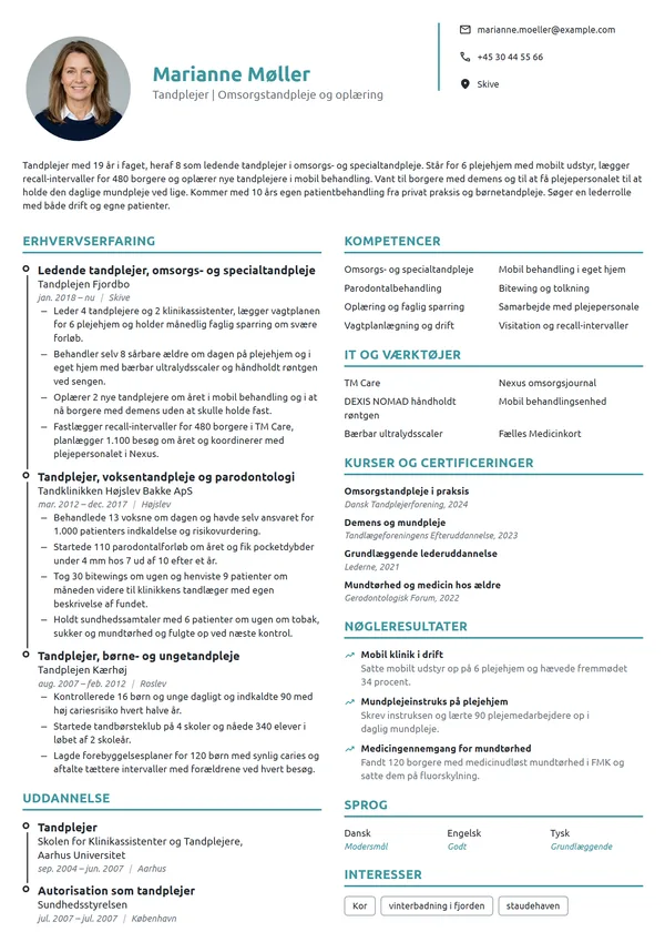 CV-eksempel til ledende tandplejer, omsorgstandpleje