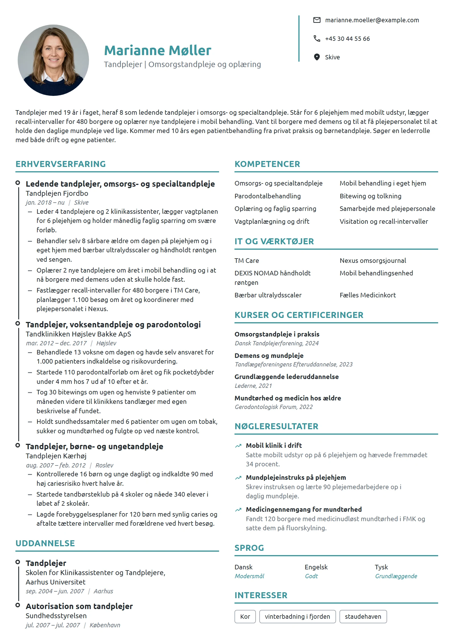 CV-eksempel til ledende tandplejer, omsorgstandpleje