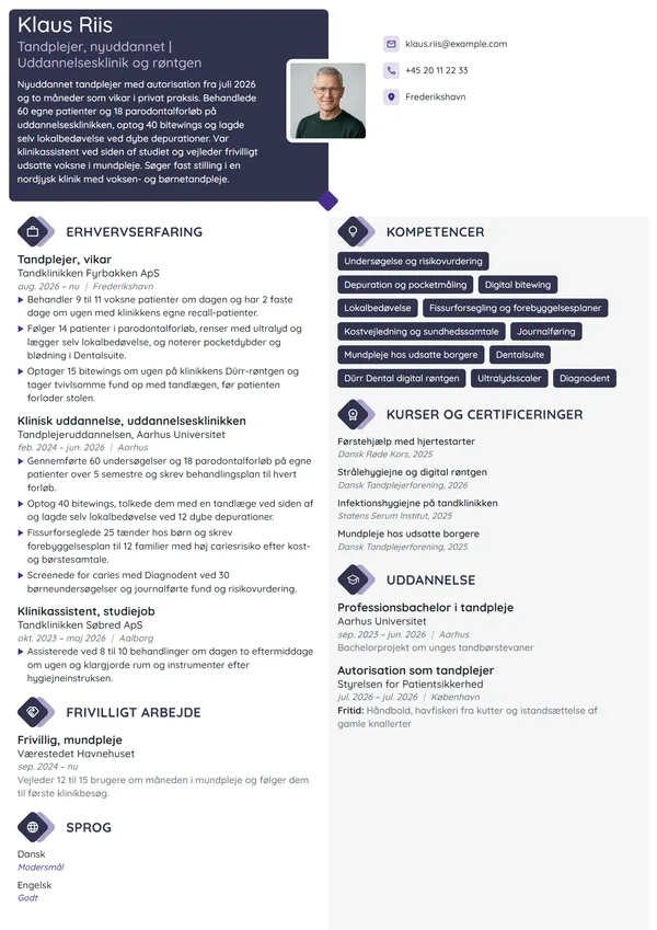 CV-eksempel til nyuddannet tandplejer, klinikpraktik