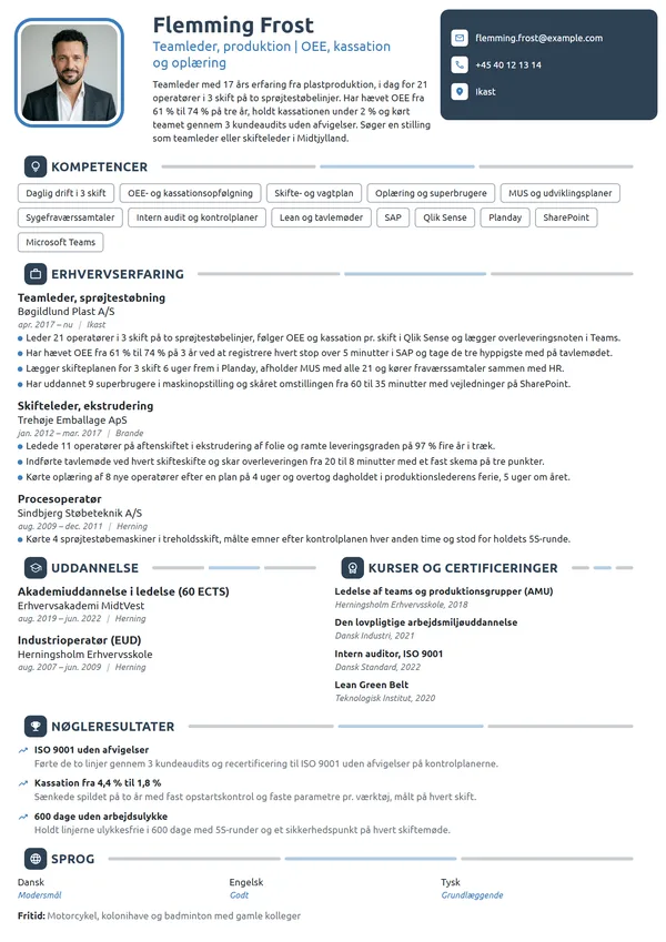 CV-eksempel til erfaren teamleder i produktion