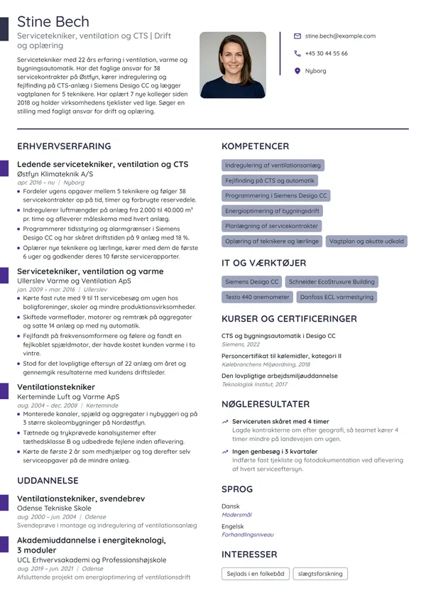 CV-eksempel til ledende servicetekniker, ventilation