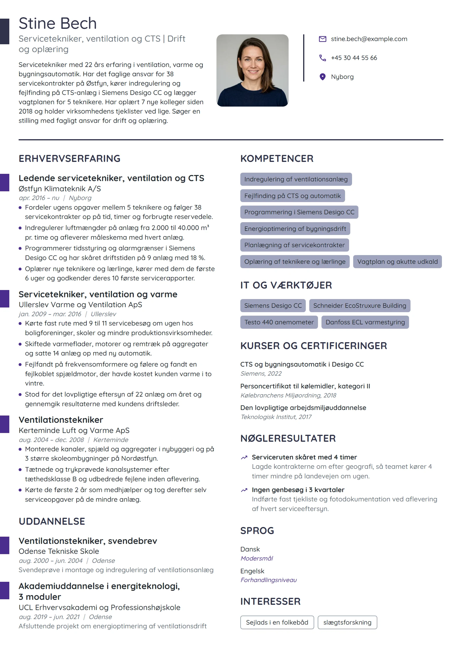 CV-eksempel til ledende servicetekniker, ventilation
