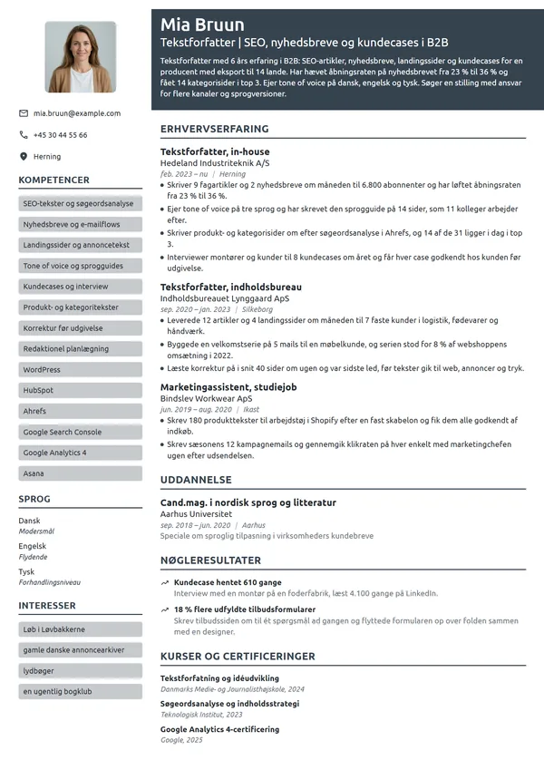 CV-eksempel til erfaren tekstforfatter i B2B-industri