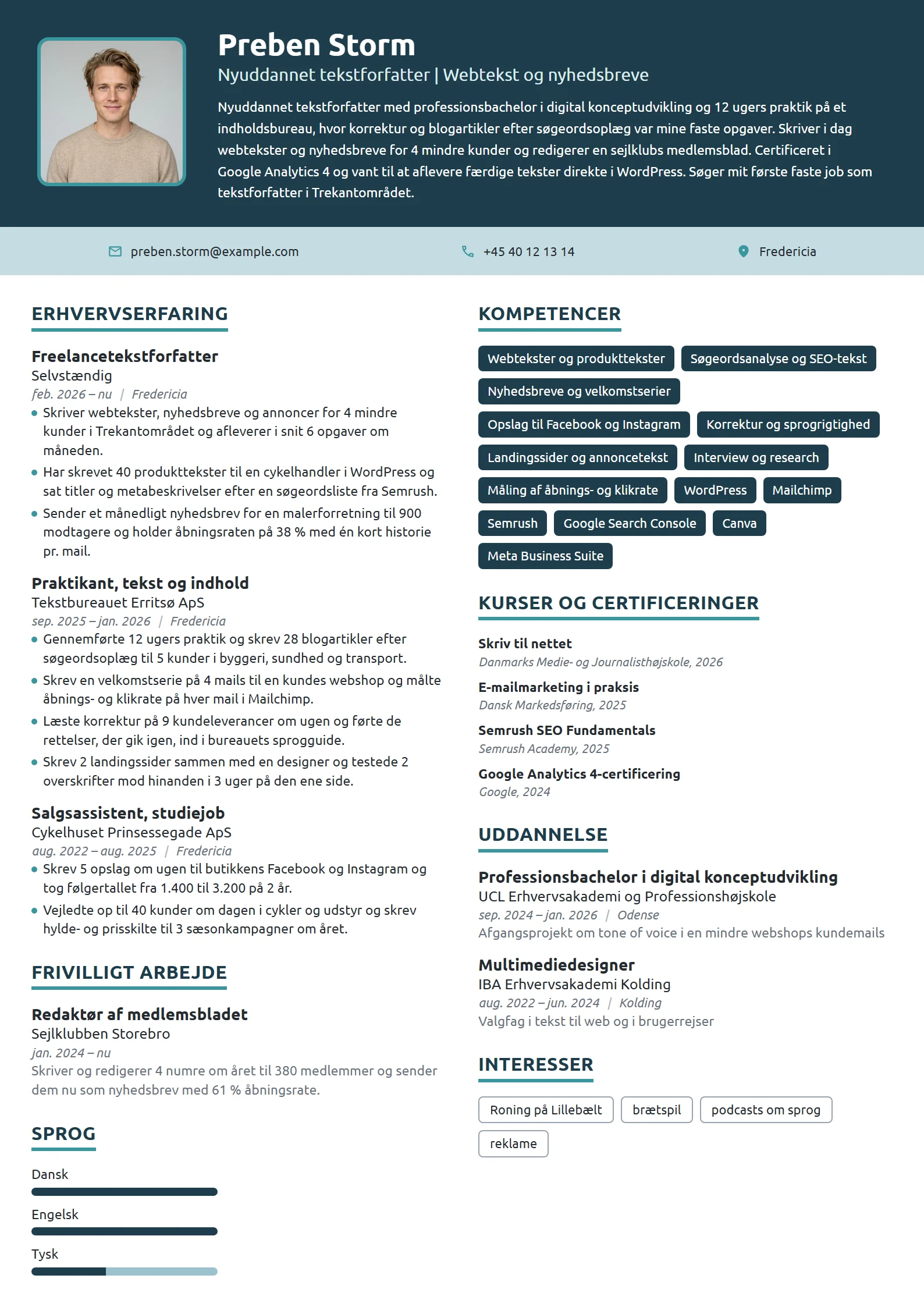 CV-eksempel til nyuddannet tekstforfatter med praktik