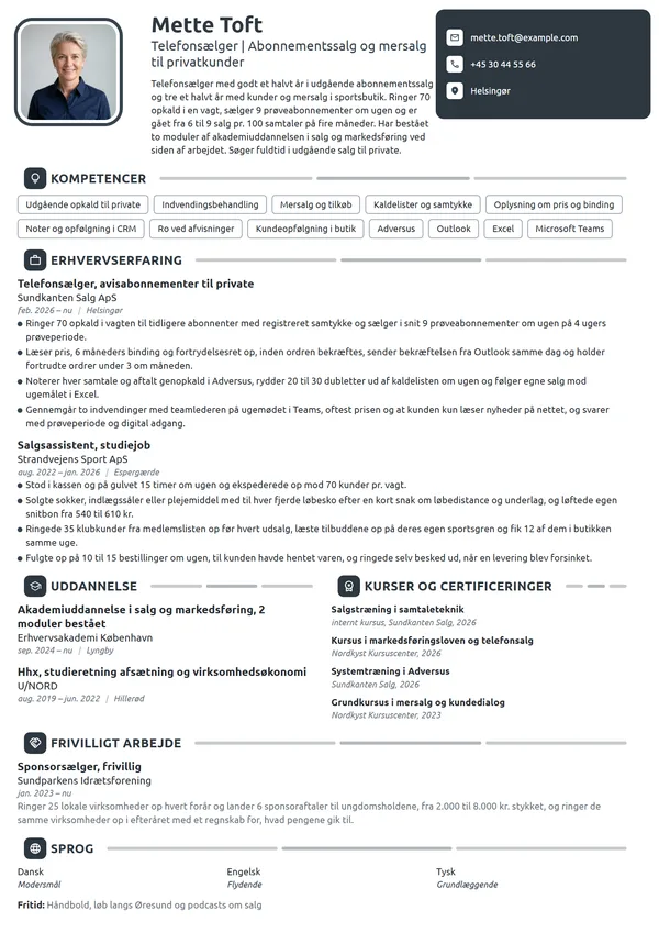 CV-eksempel til nyuddannet telefonsælger, hhx