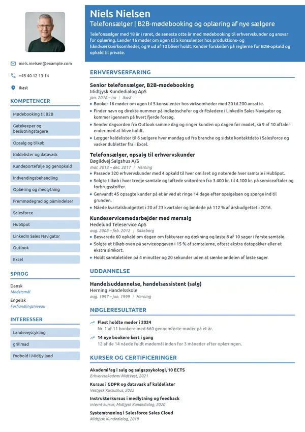 CV-eksempel til senior telefonsælger, B2B-mødebooking