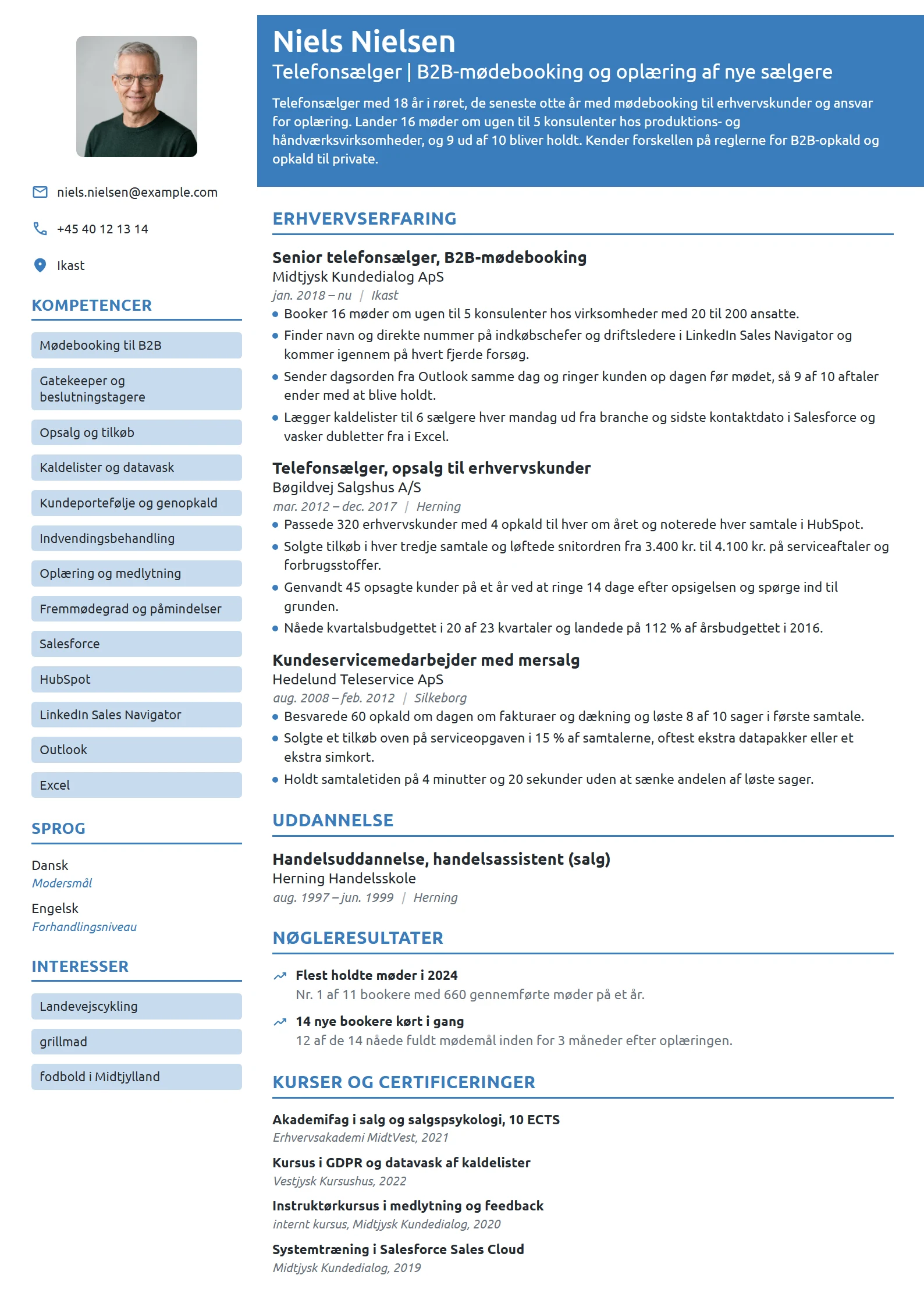 CV-eksempel til senior telefonsælger, B2B-mødebooking