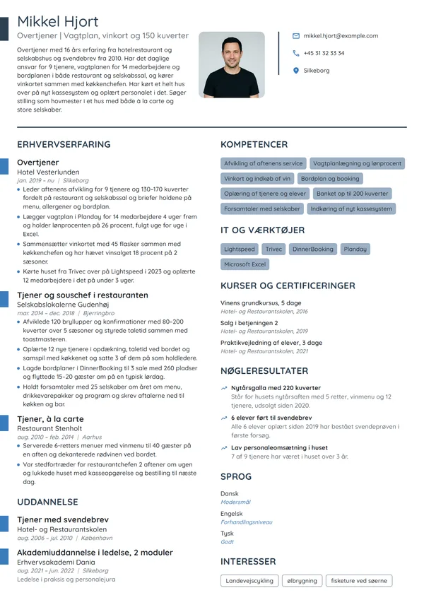 CV-eksempel til overtjener med ansvar for driften