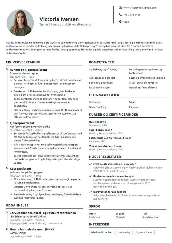 CV-eksempel til ny tjener med studiejob og praktik