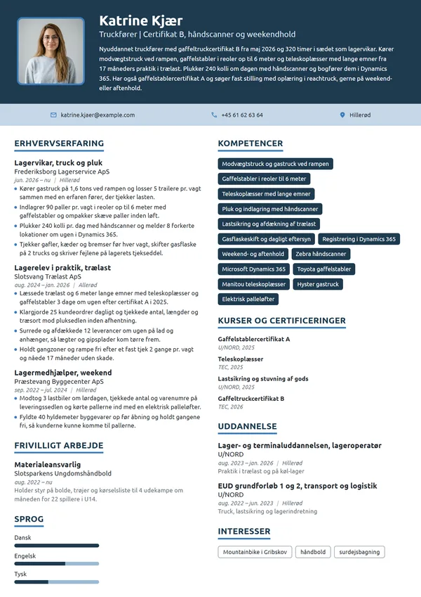 CV-eksempel til nyuddannet truckfører, certifikat B