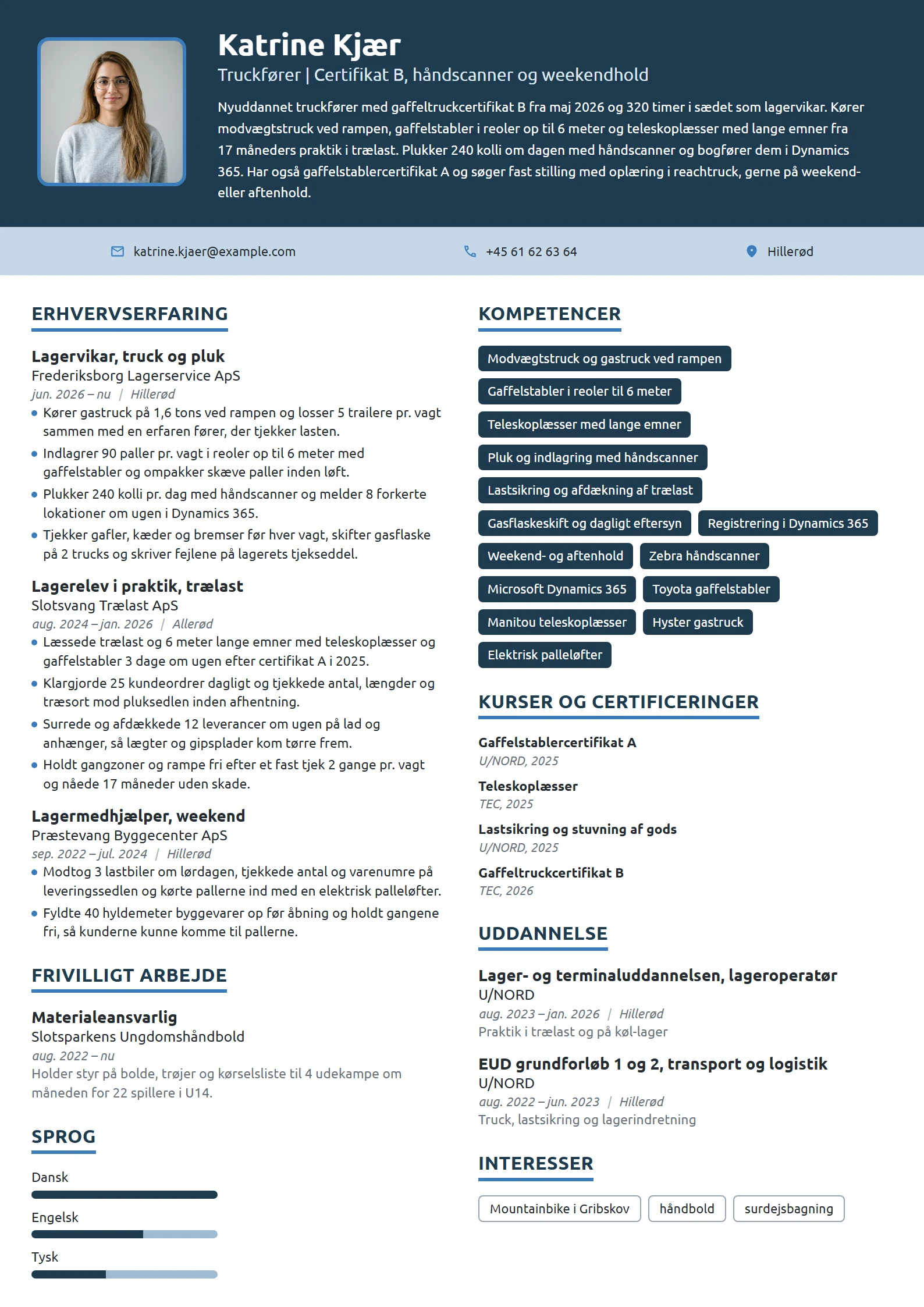 CV-eksempel til nyuddannet truckfører, certifikat B