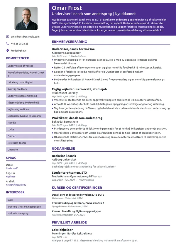 CV-eksempel til nyuddannet underviser i dansk