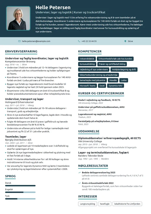 CV-eksempel til erfaren underviser i lager og logistik