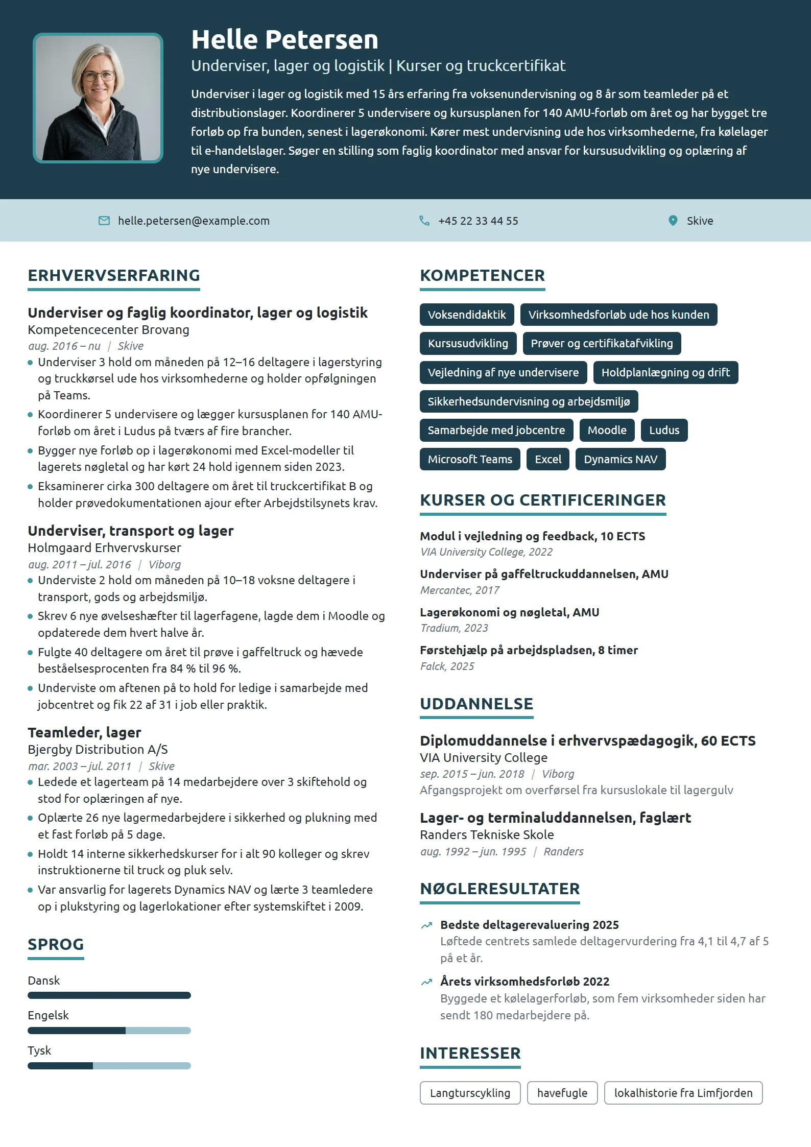 CV-eksempel til erfaren underviser i lager og logistik