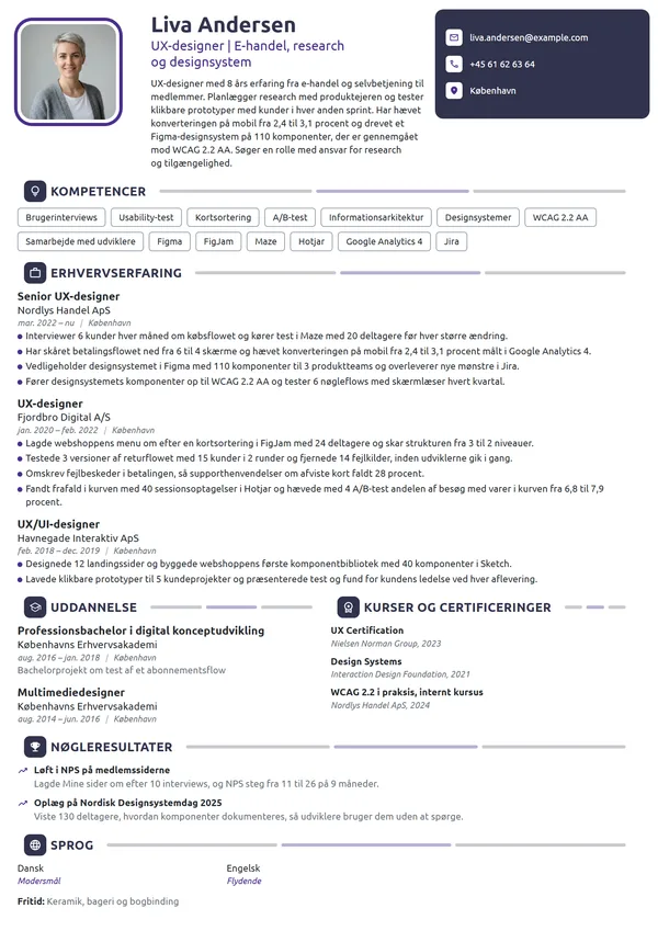 CV-eksempel til erfaren UX-designer i e-handel