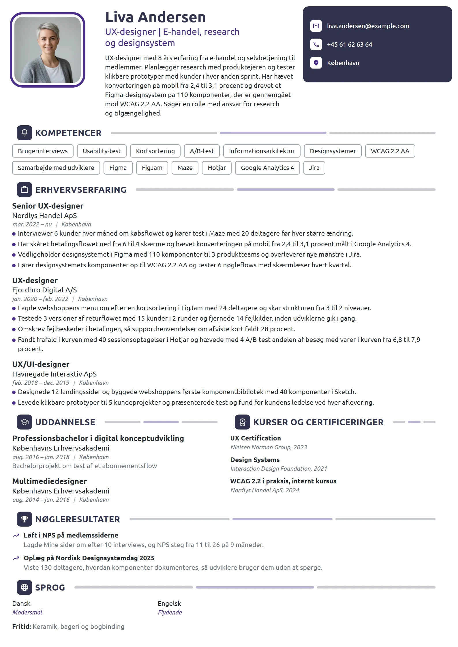 CV-eksempel til erfaren UX-designer i e-handel
