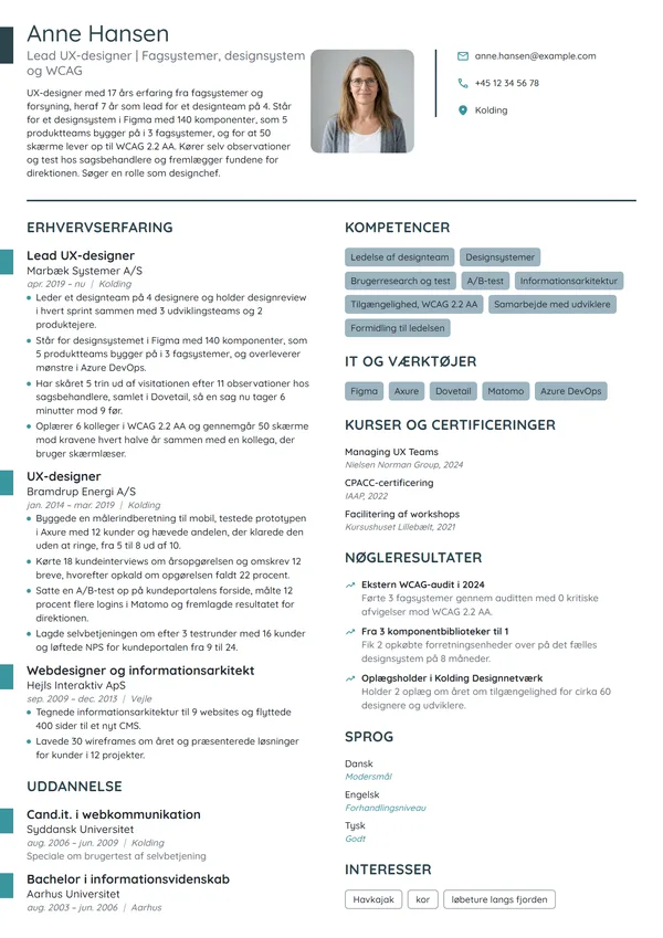 CV-eksempel til lead UX-designer med designsystem