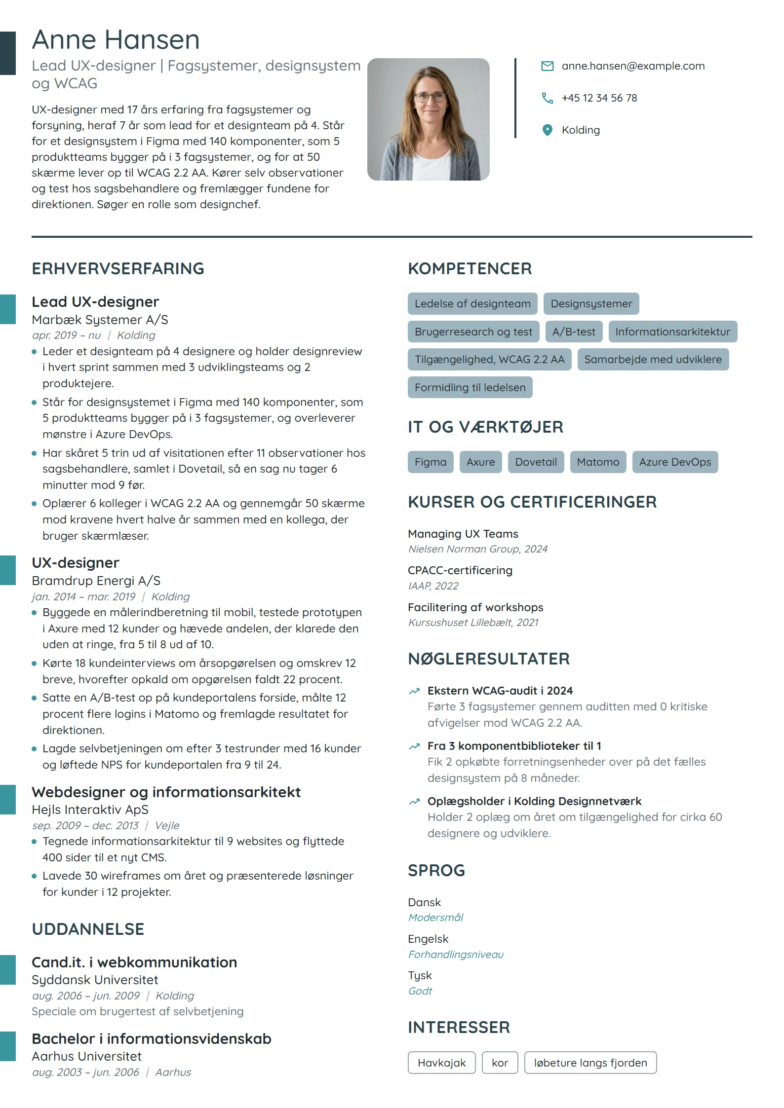CV-eksempel til lead UX-designer med designsystem