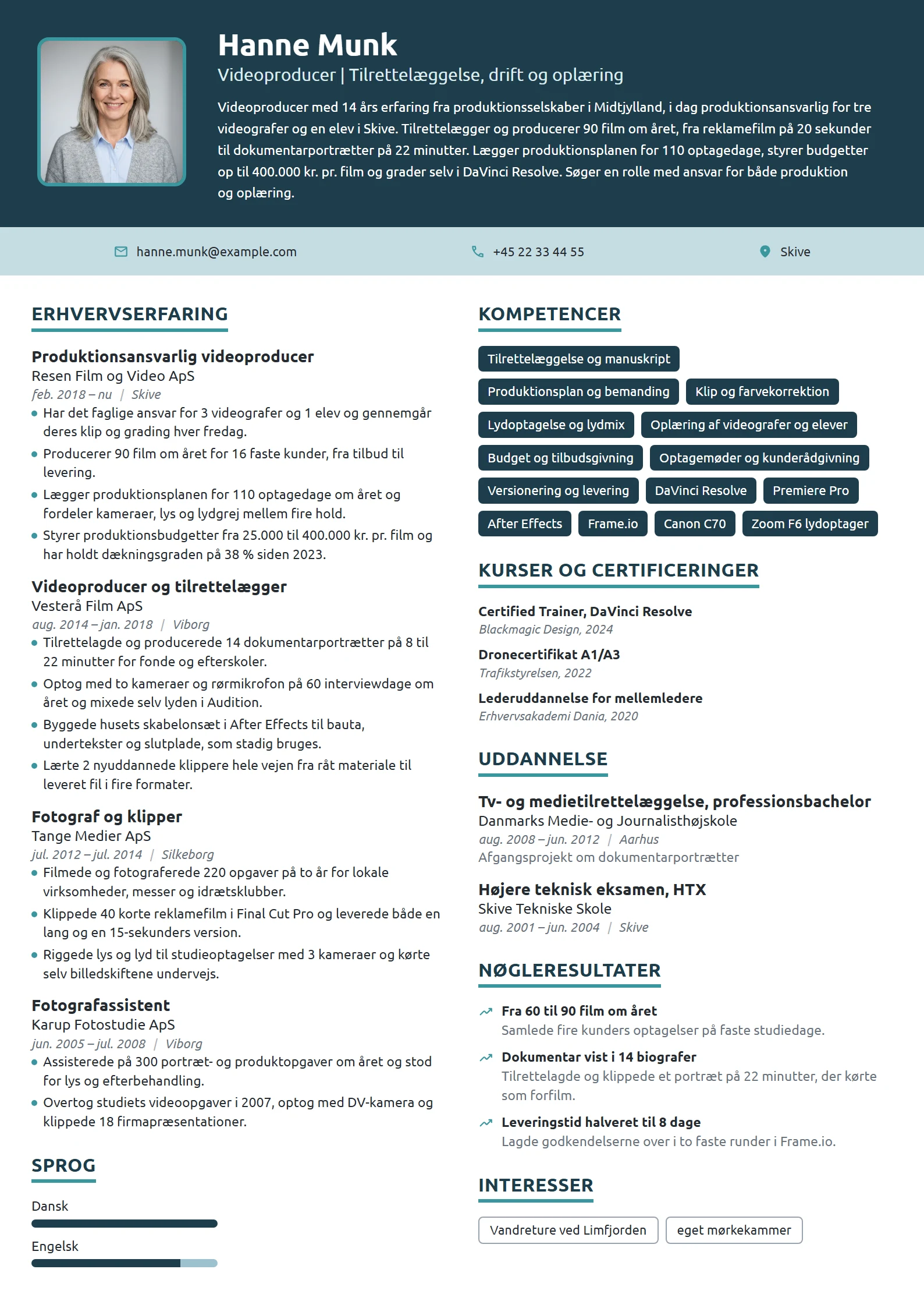 CV-eksempel til produktionsansvarlig videoproducer
