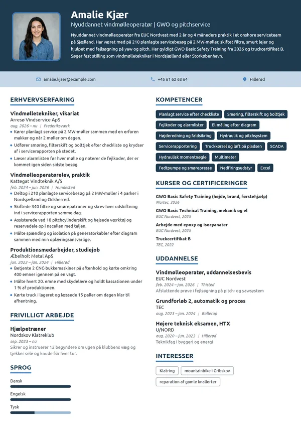 CV-eksempel til nyuddannet vindmølletekniker