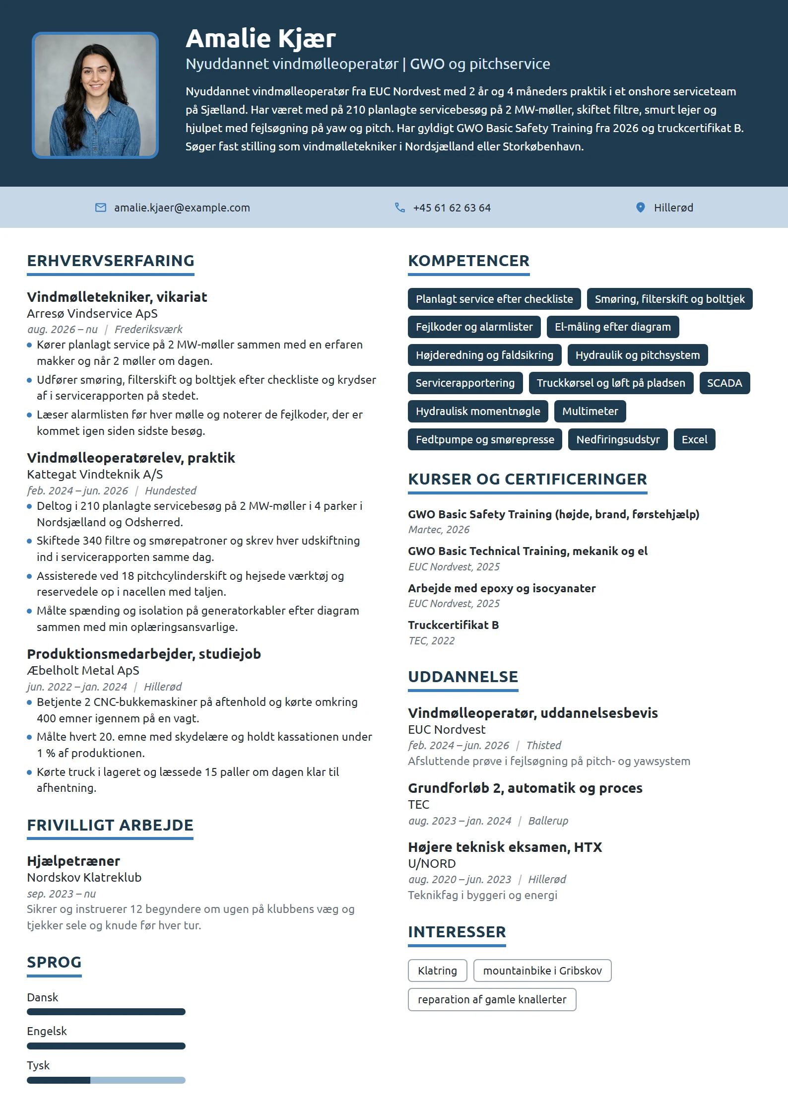 CV-eksempel til nyuddannet vindmølletekniker