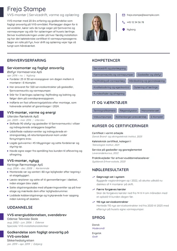 CV-eksempel til VVS-montør og fagligt ansvarlig